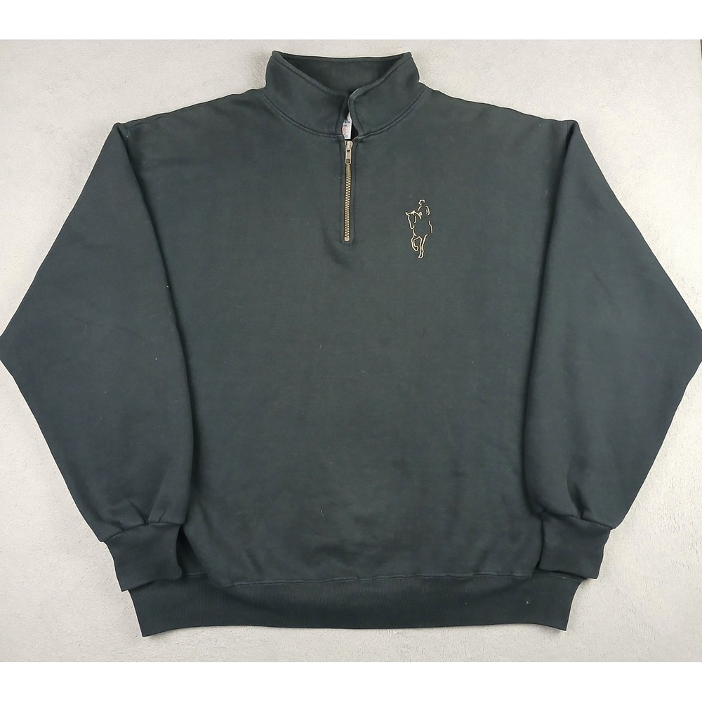 Vintage Jerzees Equestrian Sweater Men XL 1/4 Zip Black Pullover Horse Embroided
